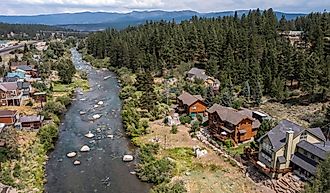 Aerial view of historic homes in Truckee, California.