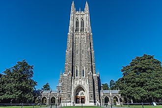 Front view of the Duke Chapel tower in early fall, Durham, North Carolina