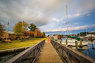 Bridge and boats docked in the harbor, in St. Michaels, Maryland.