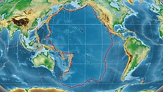 Pacific tectonic plate outlined on the global color physical map