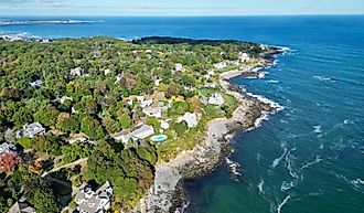 Aerial view of the coastline of Kennebunkport, Maine.