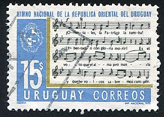 A stamp printing in Uruguay showing a section of the national anthem. Editorial credit: rook76 / Shutterstock.com.