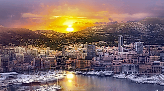 Main marina of Monte Carlo in Monaco, the country with the highest population density in Europe, at sunset.