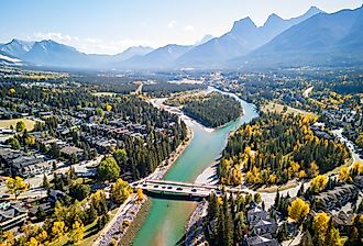 Aerial view of Canmore, Alberta. 