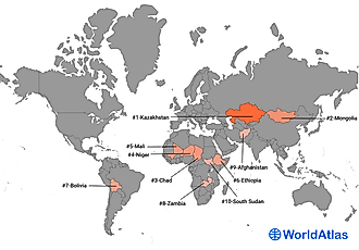 Map Showing The 10 Largest Landlocked Countries In The World