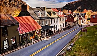 Historic buildings and shops on High Street in Harper's Ferry, West Virginia.