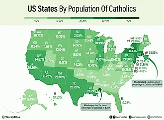 infographic showing the percentage of catholics in each US state