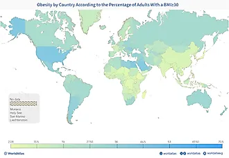 color coded heat map showing obesity by country worldwide according to the percentage of adults with a BMI greater than or equal to 30