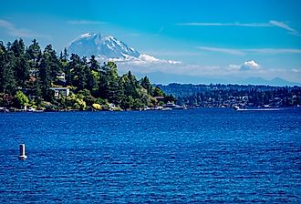 A view of Lake Washington and Mount Rainier from Seward Park in Seattle, Washington.