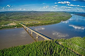 Aerial View of the Bridge and Pipeline Crossing the Yukon River on Alaska's Dalton Highway