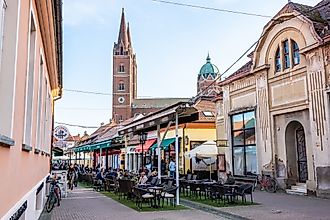 A vibrant pedestrian street in Dakovo, Croatia. 