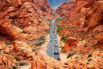 The road through the breathtaking landscape of the Valley of Fire State Park in Nevada.