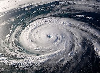 Aerial View of Tropical Superstorm, A Hurricane Eye Forming Over Ocean. 