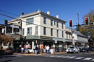 People outside Dunkin' Donuts on Main Street in the village of New Hope, Pennsylvania