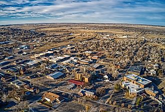 Aerial view of Douglas, Wyoming in the winter.