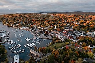 Aerial view of Camden, Maine, in fall.