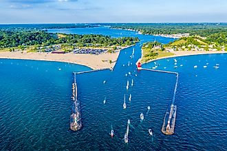 Aerial view of the Holland Harbor Lighthouse, Holland, Michigan.