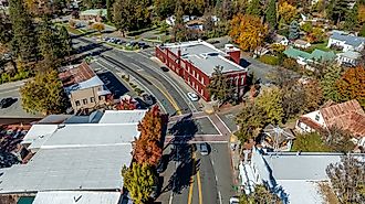 High angle view of downtown Weaverville, California.