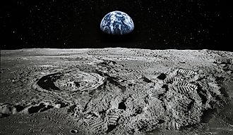 View of Moon limb with Earth rising on the horizon. Footprints as an evidence of people being there or great forgery. Collage. Elements of this image furnished by NASA.
