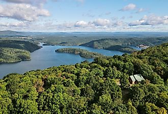 Aerial view of Raystown Lake and trees, Huntingdon, Pennsylvania.