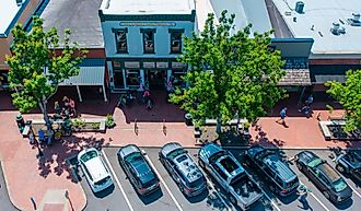 View of businesses along the Main Street in Dahlonega, Georgia.