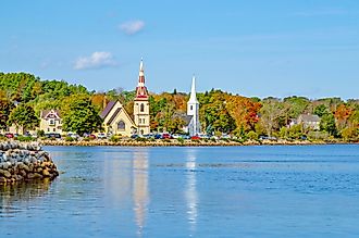 The churces along the coastline in Mahone Bay, Nova Scotia.