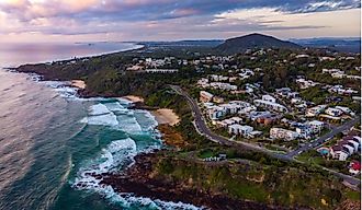 Aerial, drone view of the spectacular Coolum Beach and Sunshine Coast city.
