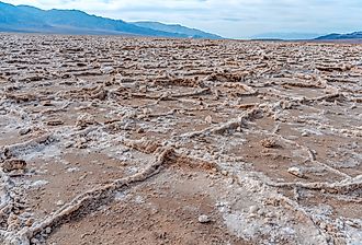Panorama of the dried up salt lake Bad Water Basin in Death Valley.