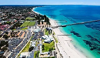 An aerial view of Busselton Jetty in Western Australia.