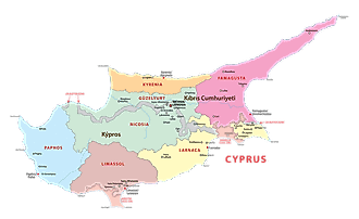 Administrative map of Northern Cyprus (not recognized by the international community) and the Republic of Cyprus.