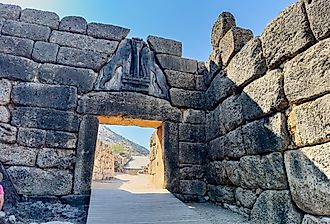 The Lion Gate at Mycenae guarded one of the great citadels of Bronze Age Greece before the Mycenaean palace system collapsed around 1200 BCE.