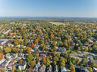 Early afternoon aerial view of Saratoga Springs, New York.