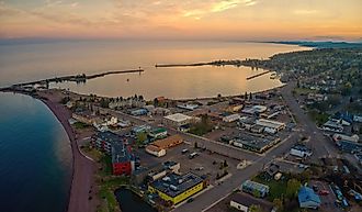 Aerial View of Grand Marais, Minnesota, at sunset.