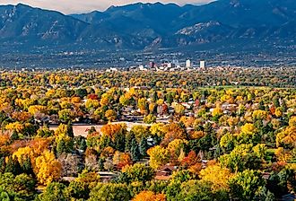 owntown Colorado Springs as seen from Grandview Lookout in Palmer Park in autumn.