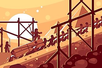 Construction of Egyptian pyramids. Slaves move blocks for building