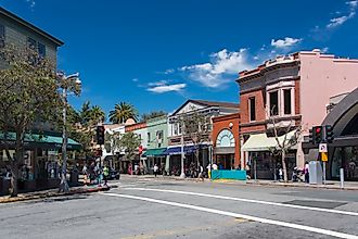 Sausalito, California: People shopping and strolling along Bridgeway, the main street in Sausalito that is lined up with shops and restaurants. via FrankvandenBergh on iStock.com