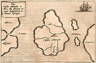 Kircher's map of Atlantis, oriented with south at the top, from Mundus Subterraneus. Athanasius Kircher, Public domain / Via Wikimedia Commons.