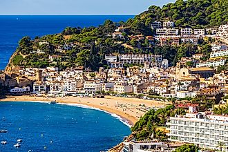 Modern town of Tossa de Mar viewed from the old town’s ramparts, Spain. 