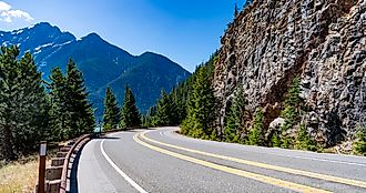 North Cascades nation park. Road leads to Diablo lake with mountain landscape
