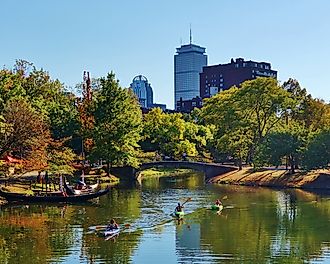 Kayaks on the Charles River Esplanade in Boston, Massachusetts.