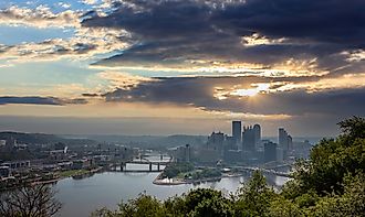 Pittsburgh city downtown aerial view on cloudy day from Point of view park