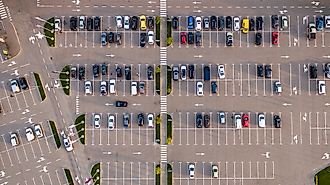 An aerial view of a large parking lot. 