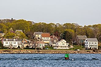 The view of Sakonnet River and a small residential neighborhood in Tiverton, Rhode Island.