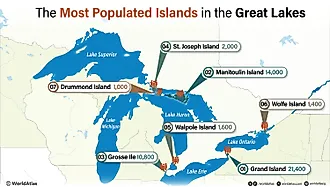 An infographic showing the most populated islands in the Great Lakes ranked by population.
