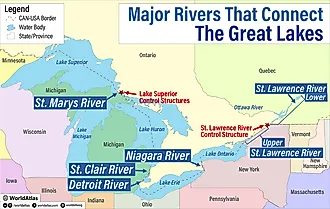 infographic showing major rivers that connect the great lakes