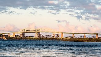 The Sault Ste. Marie International Bridge crosses the St. Marys River from Canada to US.