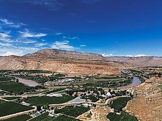 Drone view of vineyards and farmland along the Colorado River near Grand Junction, Colorado.