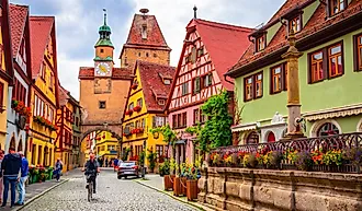 Beautiful streets in Rothenburg ob der Tauber with traditional German houses, Bavaria, Germany.