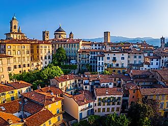 Aerial cityscape of Bergamo’s old town, Italy. 