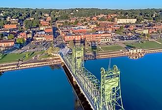 Aerial view of Historic Lift Bridge in downtown Stillwater, Minnesota, and the St Croix River.